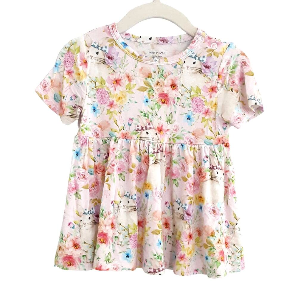 Posh PEANUT Pink Floral Easter Bunny Shirt Dress Spring Print Baby 18-24mo